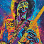 Ilustrasi: Poster abstrak berwarna-warni Jimi Hendrix bermain gitar dalam gaya seni pop psikedelik (Pixnio - djovan)