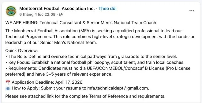 Tim Nasional Peringkat 175 FIFA Ini Buka Loker Pelatih Kepala Lewat Facebook