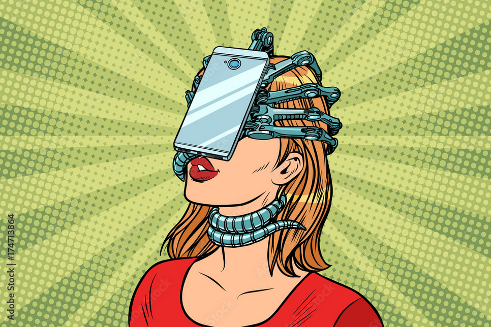 face id smartphone parasite, woman and Internet addiction By studiostoks (Adobe Stock)