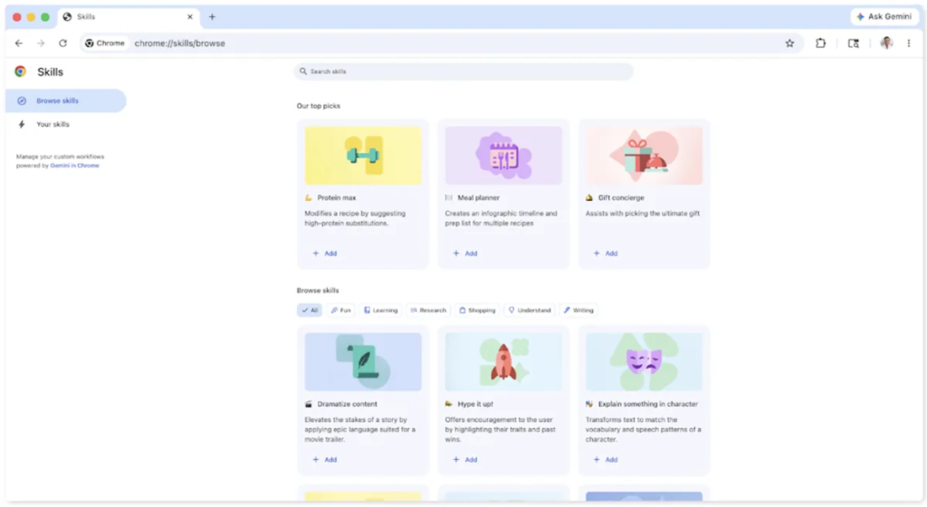 Cara Pakai Fitur Skills di Chrome, Simpan Prompt Gemini Favorit Tanpa Ribet Ketik Ulang